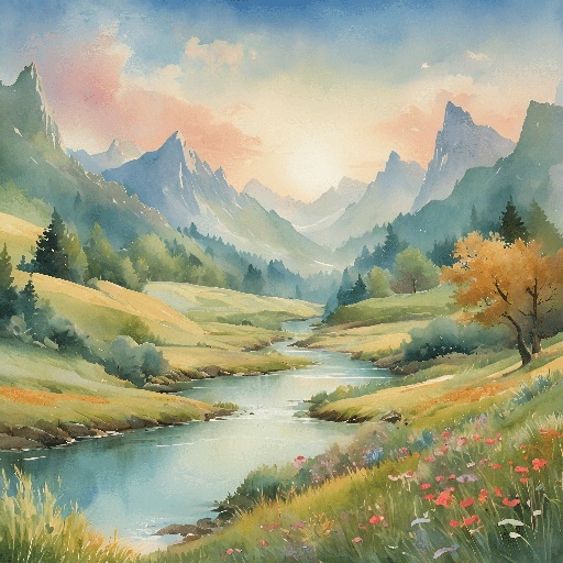 painting of a mountain landscape with a river and a valley