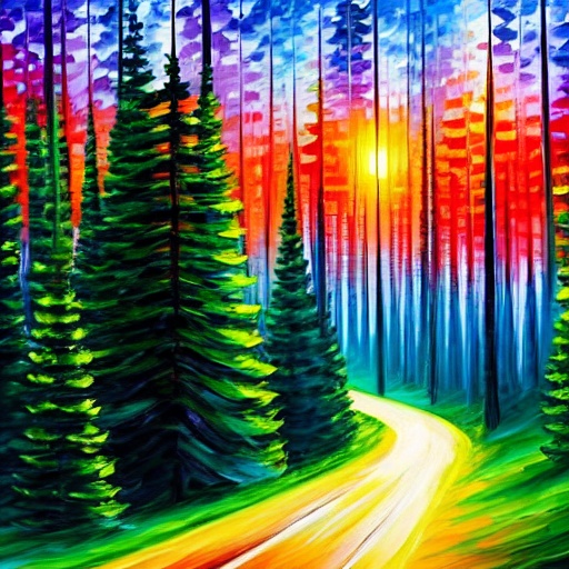 a painting of a road going through a forest with trees