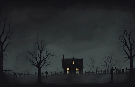 nighttime scene of a creepy house with a spooky roof and a fence