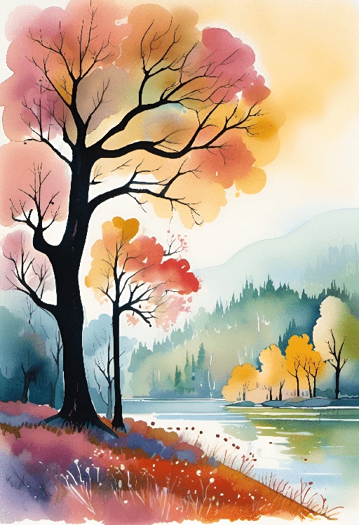 a painting of a tree by the water with a mountain in the background
