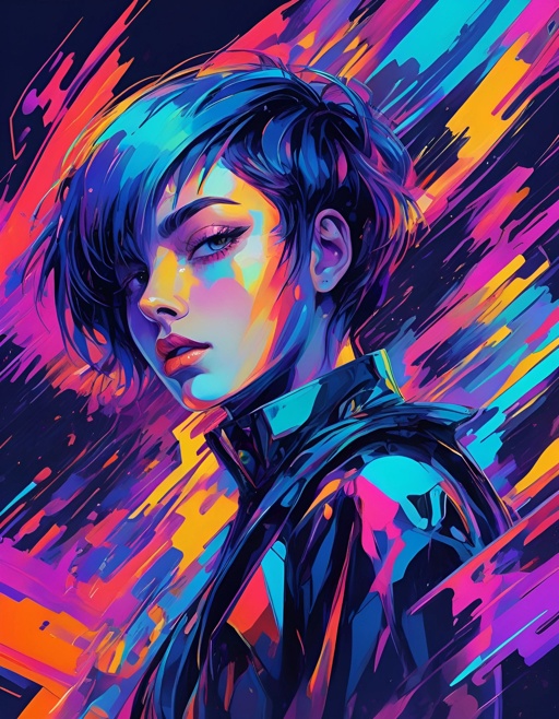 a woman with a futuristic look in a colorful painting style