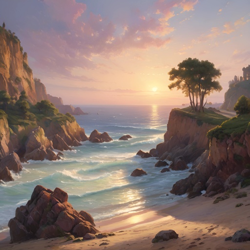 painting of a beach with a cliff and a tree on the shore
