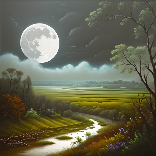 painting of a river running through a lush green field under a full moon