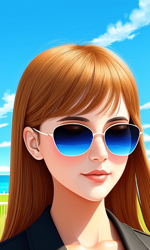 anime girl with sunglasses and a black jacket on a sunny day