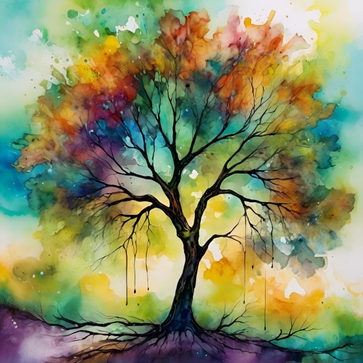 painting of a tree with a colorful sky background and a bird on a branch