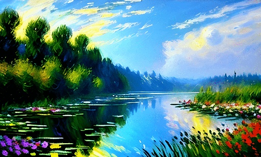 painting of a lake with flowers and trees in the background