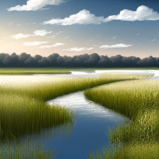 painting of a river running through a grassy field with a cloudy sky