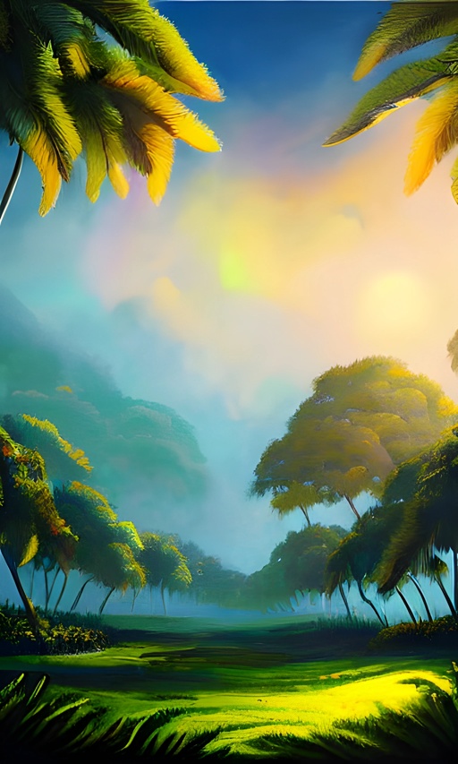 painting of a tropical landscape with palm trees and a rainbow