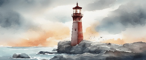 painting of a lighthouse on a rocky shore with a cloudy sky