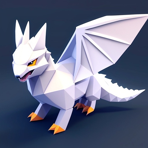 a white origami dragon with yellow eyes and yellow feet