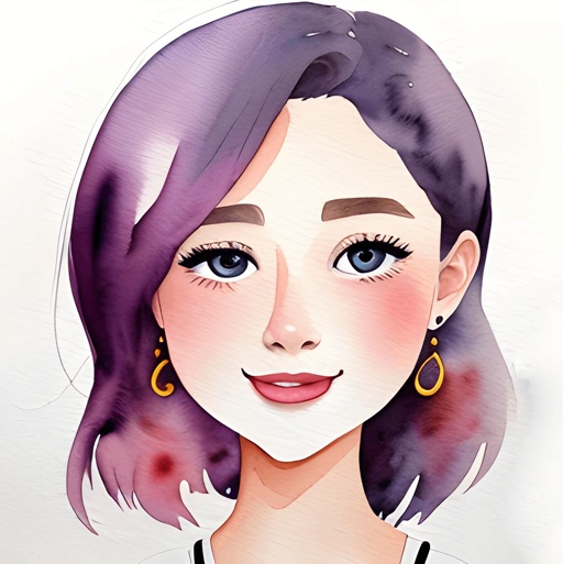 a drawing of a woman with purple hair and earrings
