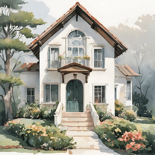 painting of a house with a garden and a tree in the front yard