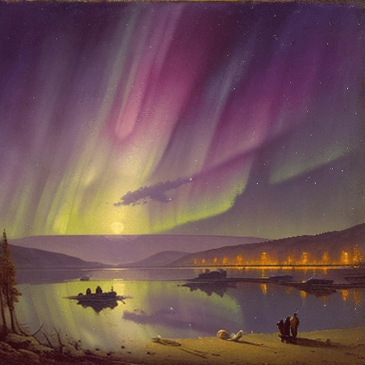 painting of a painting of a aurora bore over a lake