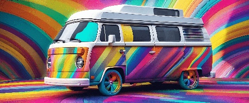 brightly colored van with a white top and a rainbow stripe