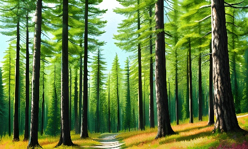 painting of a path in a forest with tall trees and grass