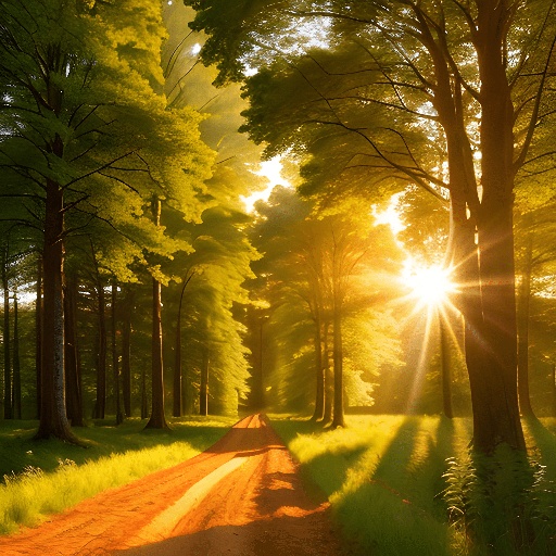 dirt road in a forest with sun shining through the trees