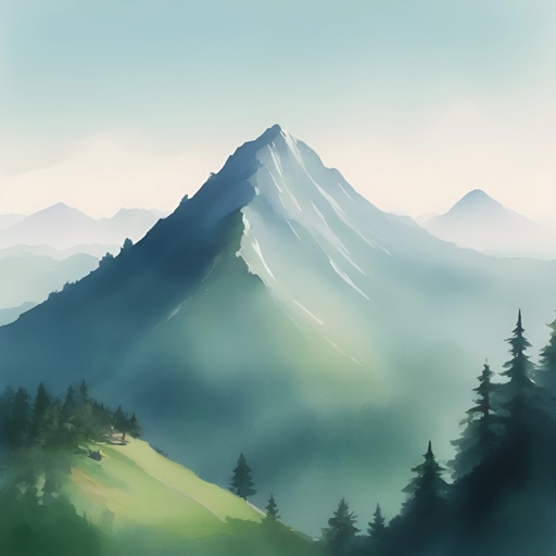 a painting of a mountain with a green field