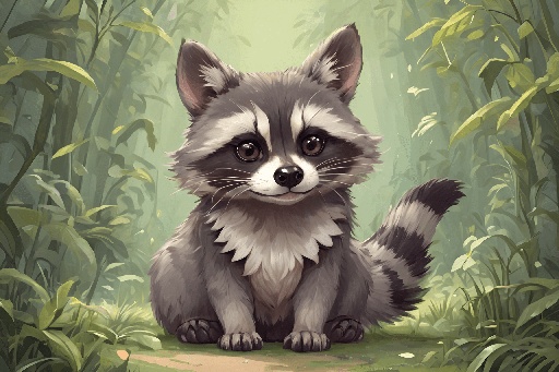 a raccoon sitting in the grass in the woods