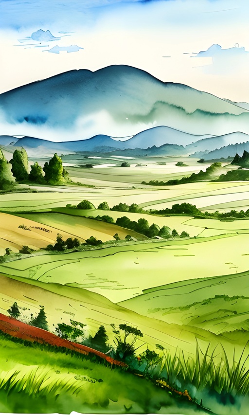 painting of a green field with hills and trees in the distance