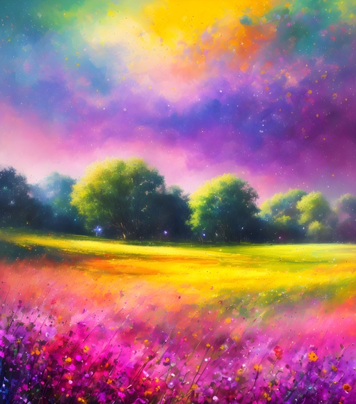 painting of a field with purple flowers and trees in the background