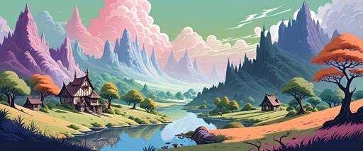 a painting of a mountain landscape with a river