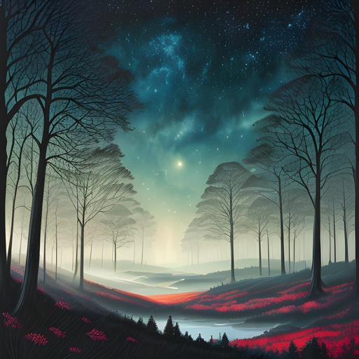 painting of a forest with a lake and a full moon