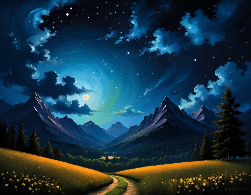 starry night scene with a winding road leading to a mountain range