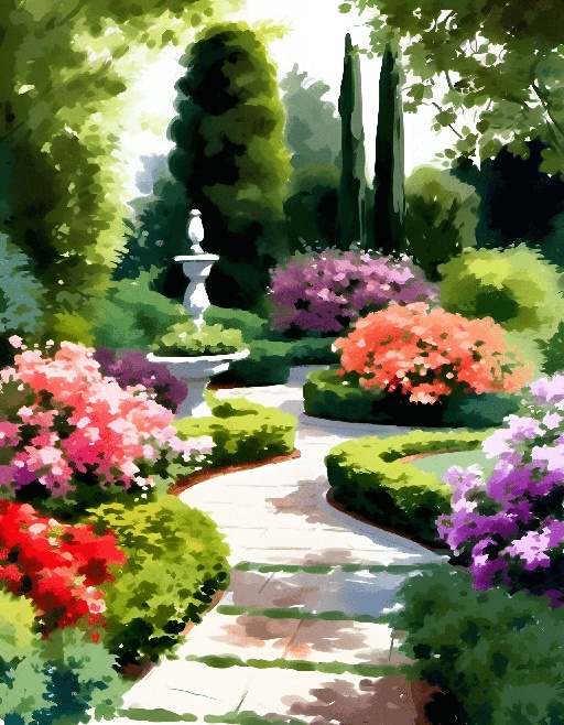 painting of a garden with a fountain and colorful flowers