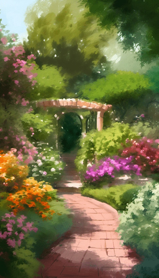 painting of a pathway in a garden with flowers and trees