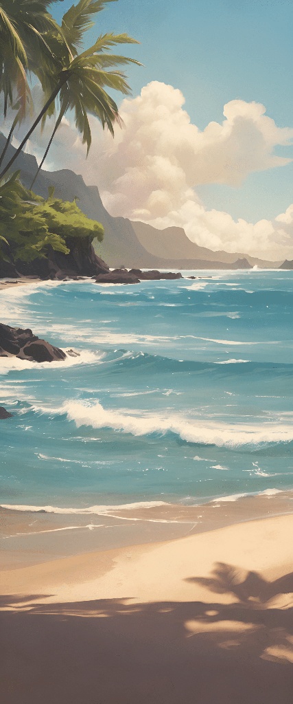 painting of a beach with palm trees and a blue ocean