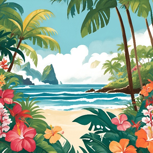 tropical scene with flowers and palm trees on the beach