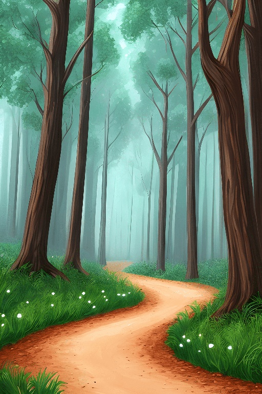 a cartoon illustration of a path through a forest with tall trees