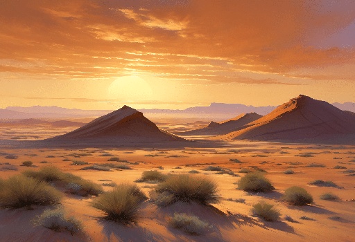 painting of a desert landscape with a sunset in the background