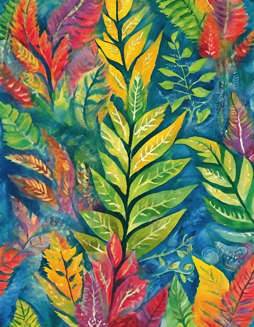 a painting of a bunch of colorful leaves on a blue background