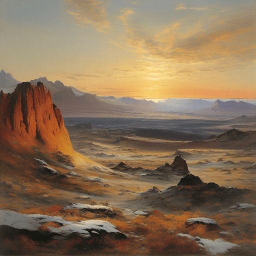 painting of a desert landscape with a mountain in the distance