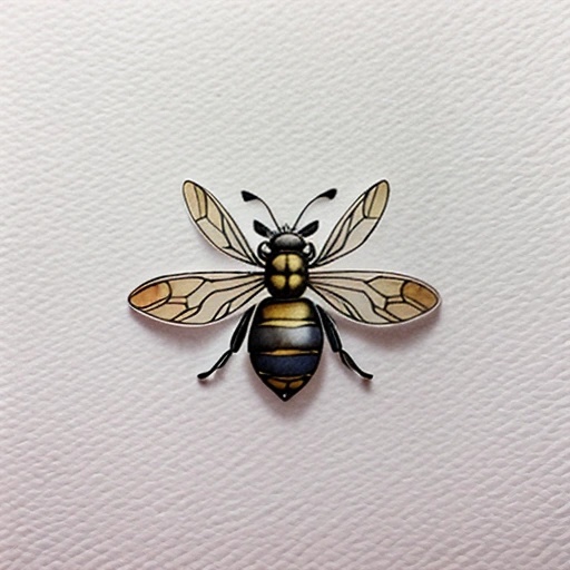 a close up of a bee on a white surface with a black and yellow stripe