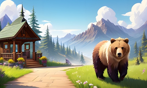 a bear walking in the grass near a cabin