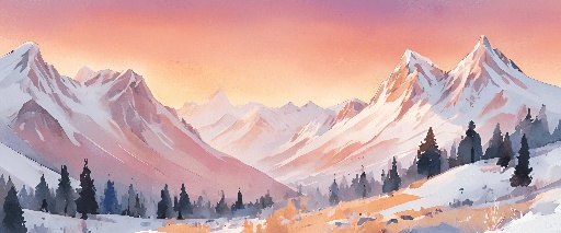 mountains with snow and trees in the foreground at sunset