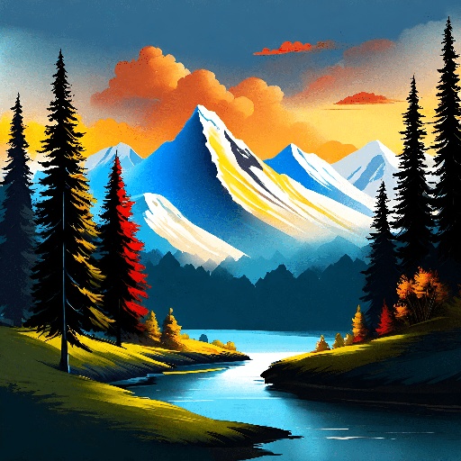 a painting of a mountain scene with a river