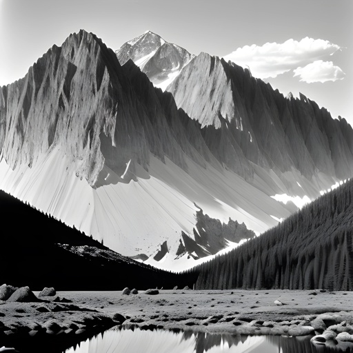 mountains are reflected in a lake in a black and white photo