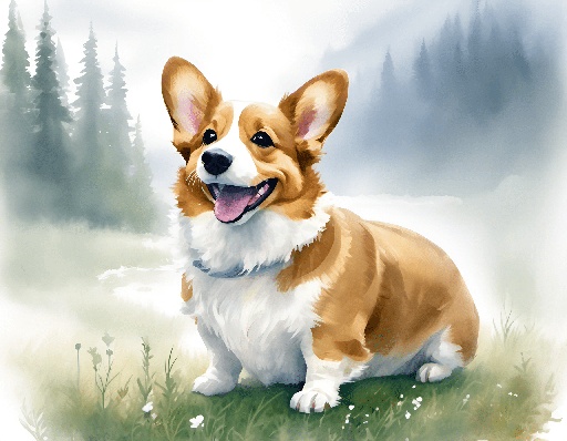 painting of a dog sitting in the grass with trees in the background
