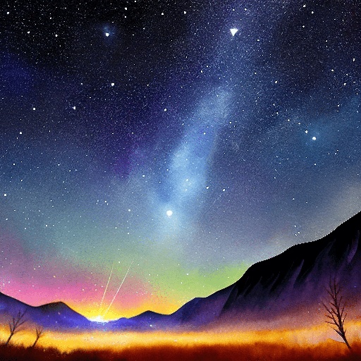 painting of a night sky with a mountain and a star filled sky