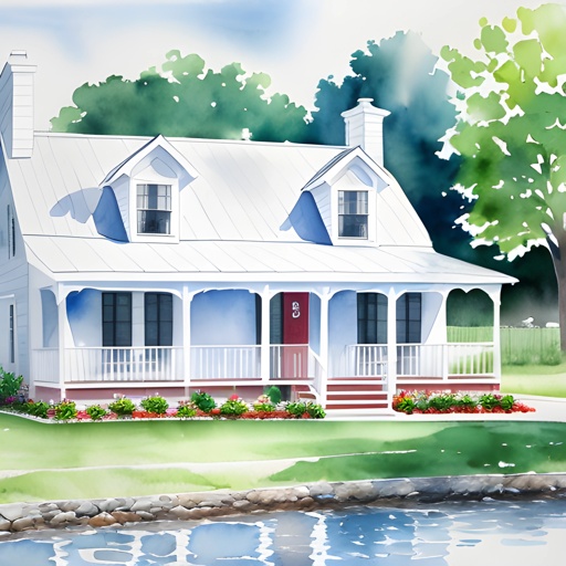 painting of a house with a pond and a tree in the front yard