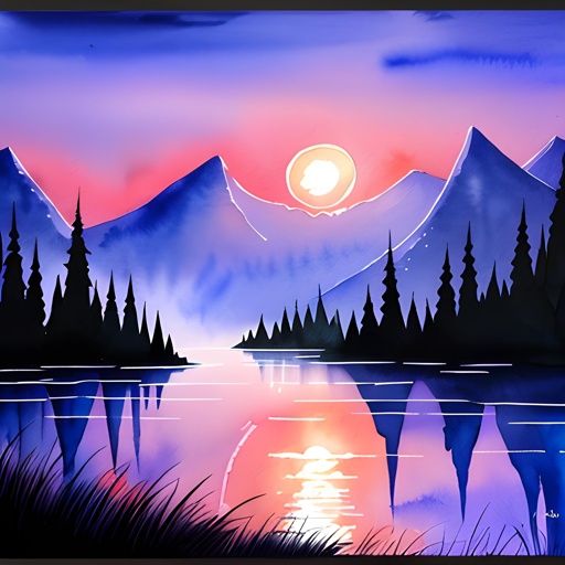 painting of a sunset scene with mountains and a lake