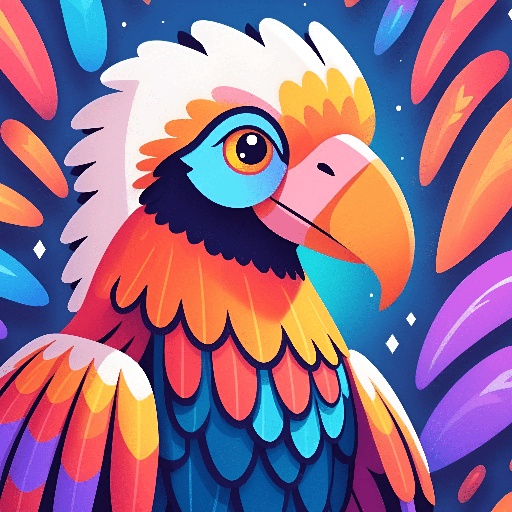 brightly colored bird with bright feathers and a blue background