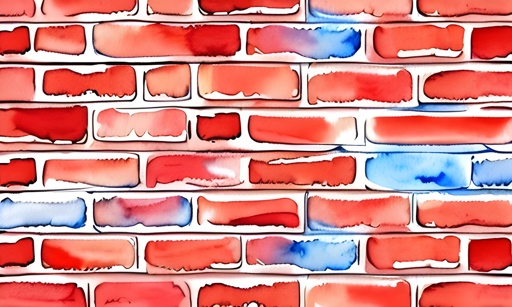 a close up of a brick wall with a red and blue paint