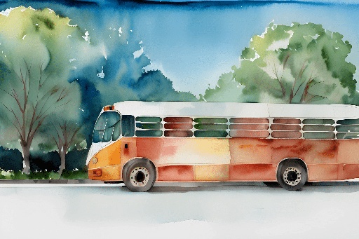 painting of a bus on a street with trees in the background