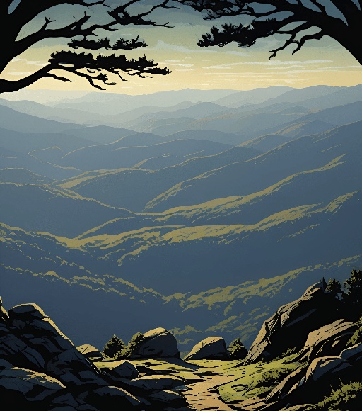 a picture of a mountain scene with a tree