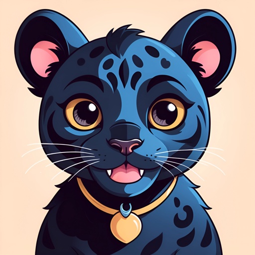 cartoon illustration of a black jaguar with a collar and a gold collar