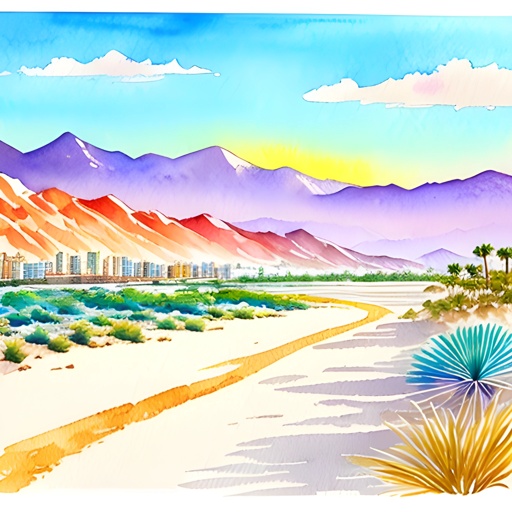 painting of a desert landscape with a city in the distance